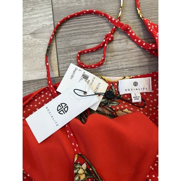 Socialite Wrap Jumpsuit w/ leg slits NWT Sz Large, Red White Polka Dot Floral - Picture 11 of 16